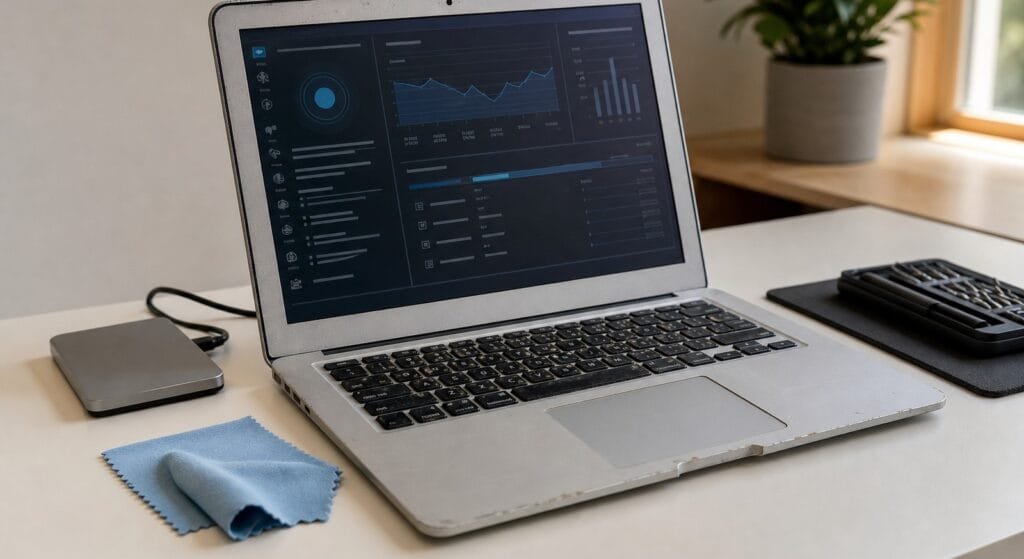 Un Mac datato sulla scrivania durante una diagnosi tecnica