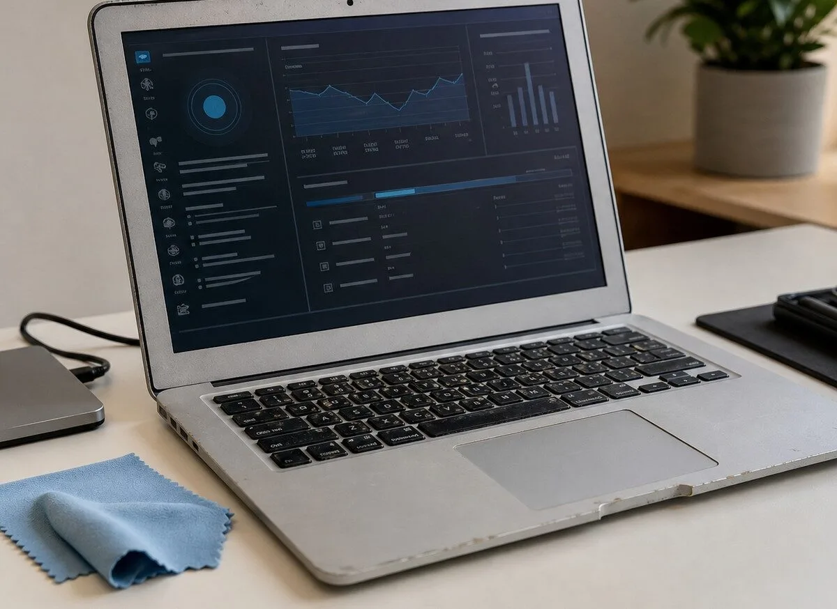 Un Mac datato sulla scrivania durante una diagnosi tecnica