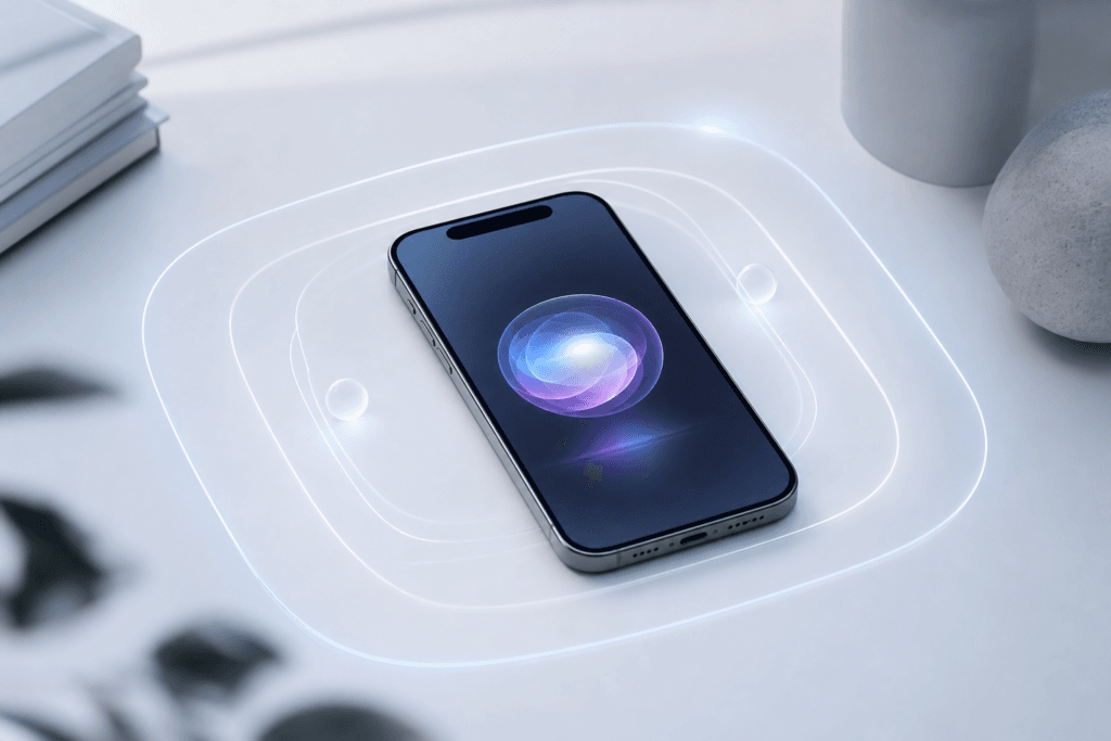 Apple ha paura che Siri AI diventi troppo umana 1 iPhone con sfera luminosa astratta che rappresenta Siri AI e il confine tra assistente e compagno digitale