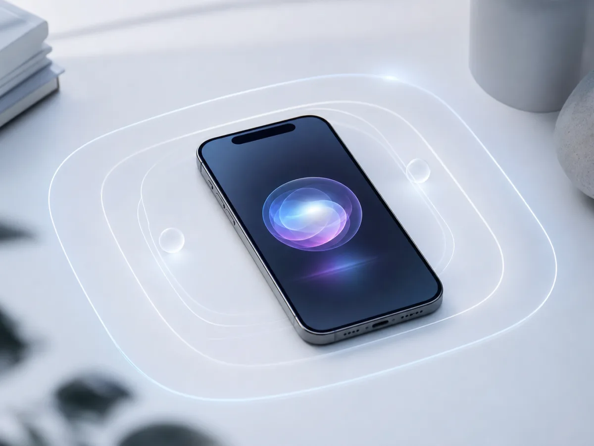 iPhone con sfera luminosa astratta che rappresenta Siri AI e il confine tra assistente e compagno digitale