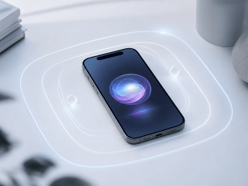 iPhone con sfera luminosa astratta che rappresenta Siri AI e il confine tra assistente e compagno digitale