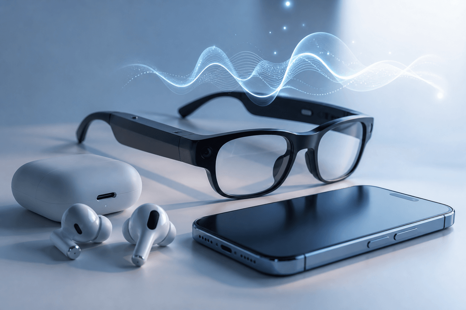 Apple ha paura che Siri AI diventi troppo umana 2 Dispositivi indossabili e iPhone con onda AI che rappresenta gli assistenti sempre presenti
