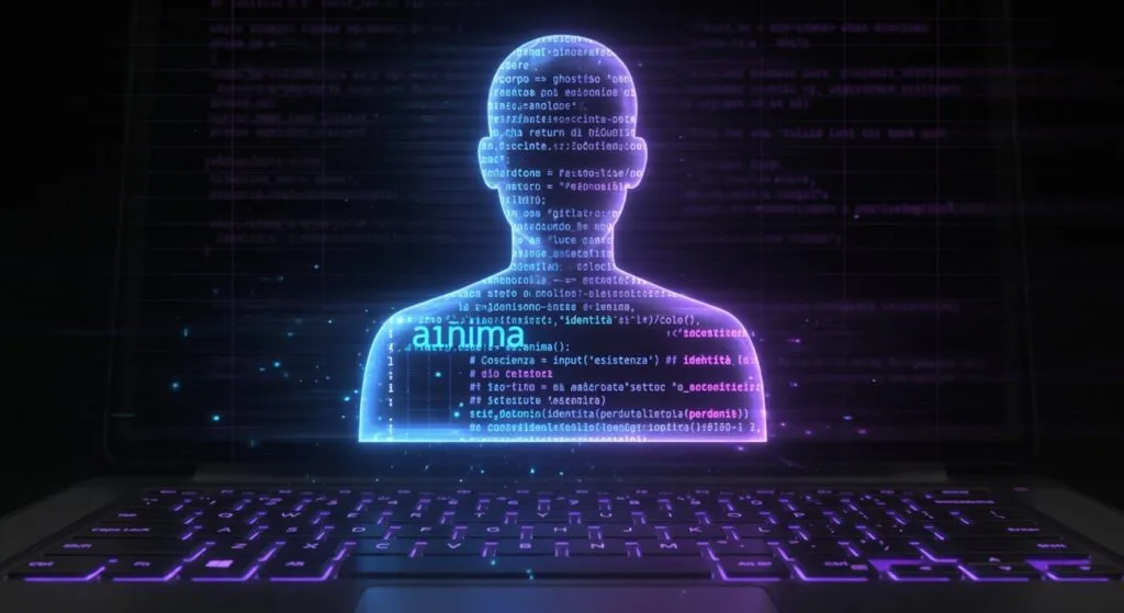 Silhouette umana fatta di codice e markdown, rappresentazione dell'anima digitale di un AI