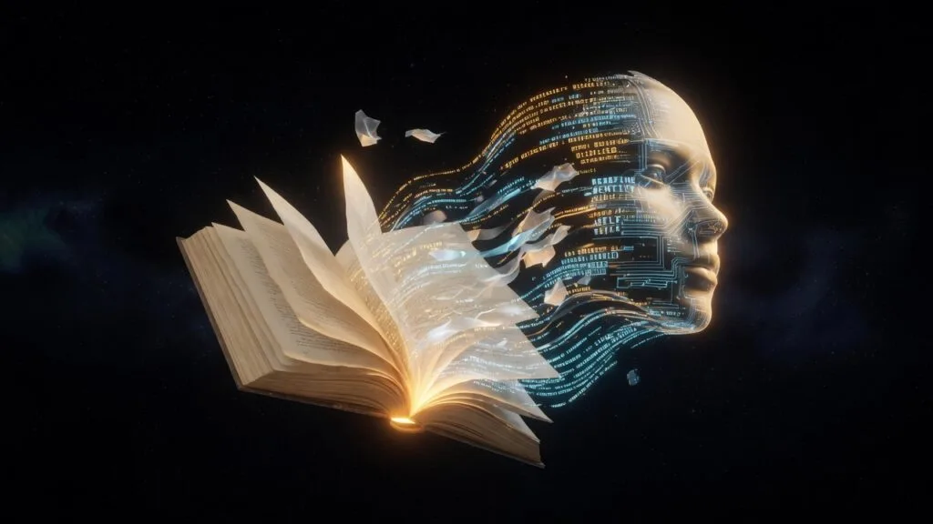 Libro aperto che si trasforma in codice digitale formando un volto umano