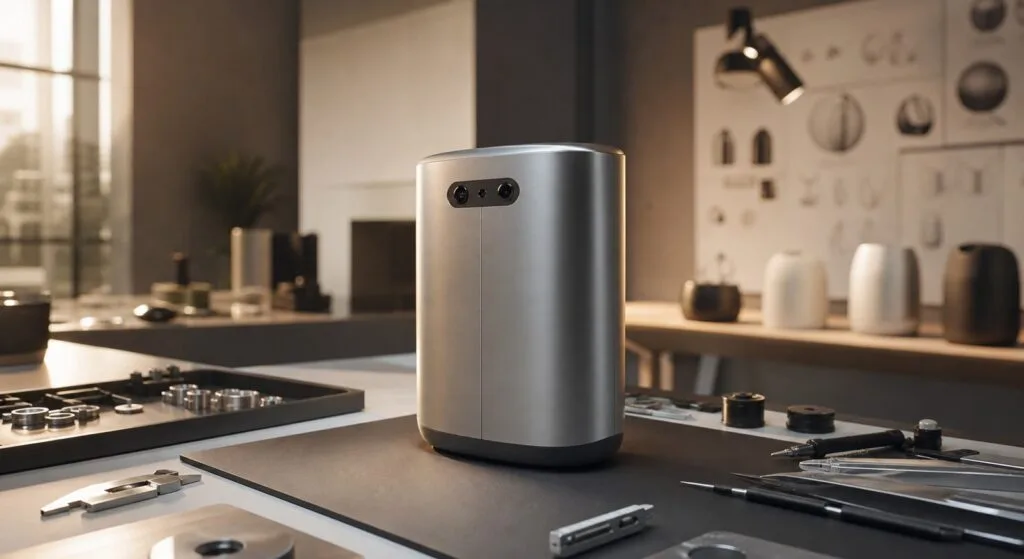 Apple accusa OpenAI: la guerra vera è sul nuovo hardware AI 3 Prototipo di dispositivo AI in uno studio di design industriale