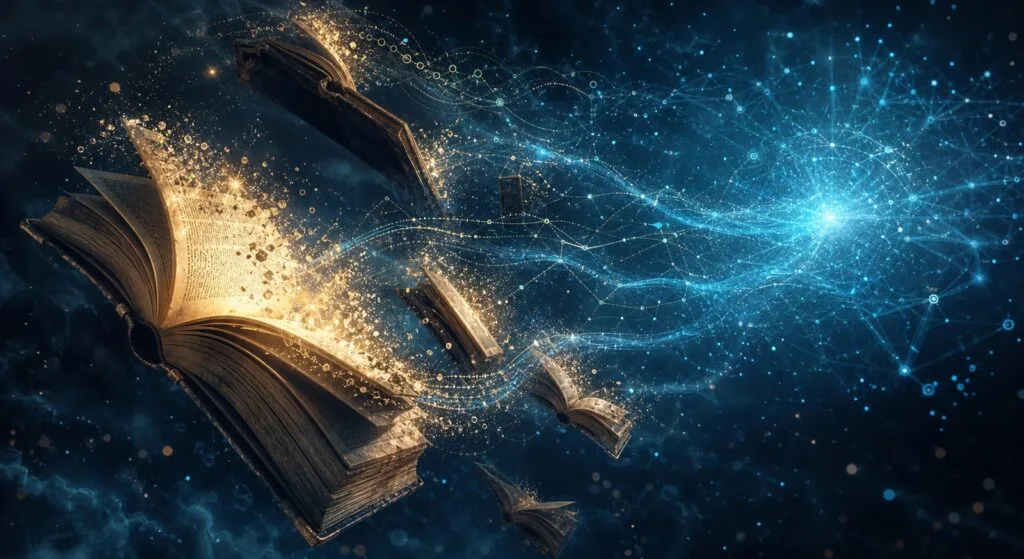 Libri che si trasformano in dati digitali e pattern AI