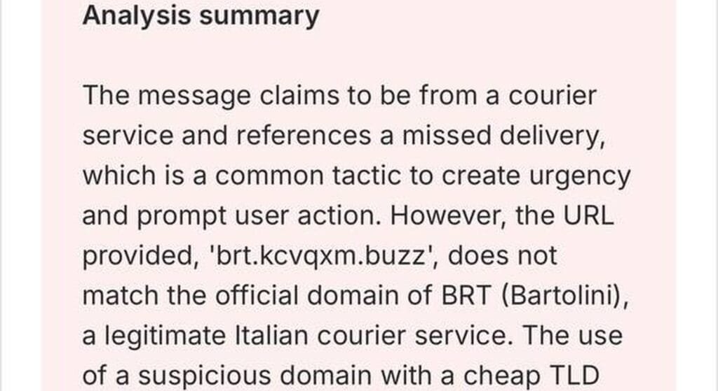 NordBot: l'AI gratuita di NordVPN che smaschera truffe e deepfake 2 Schermata di NordBot che analizza un tentativo di phishing BRT