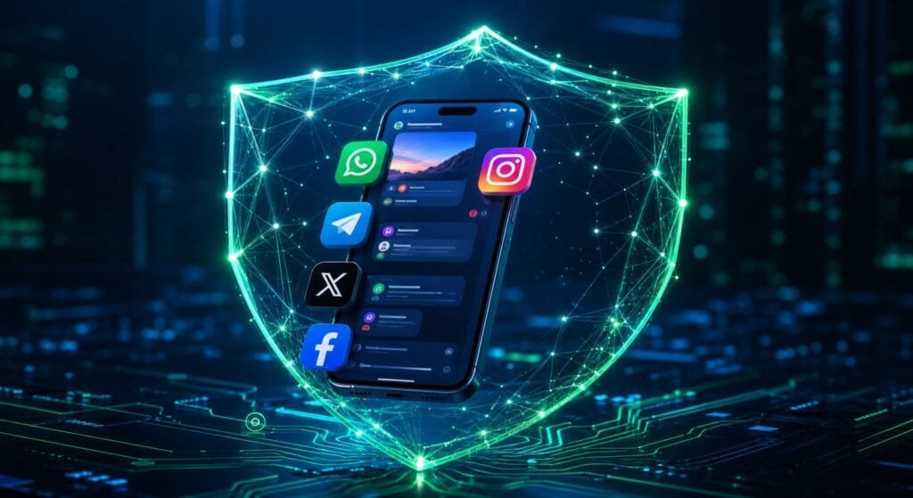 NordBot: l'AI gratuita di NordVPN che smaschera truffe e deepfake 1 Concetto di protezione AI per social network contro truffe online