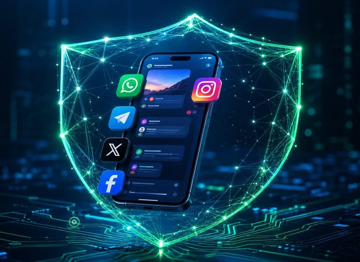Concetto di protezione AI per social network contro truffe online