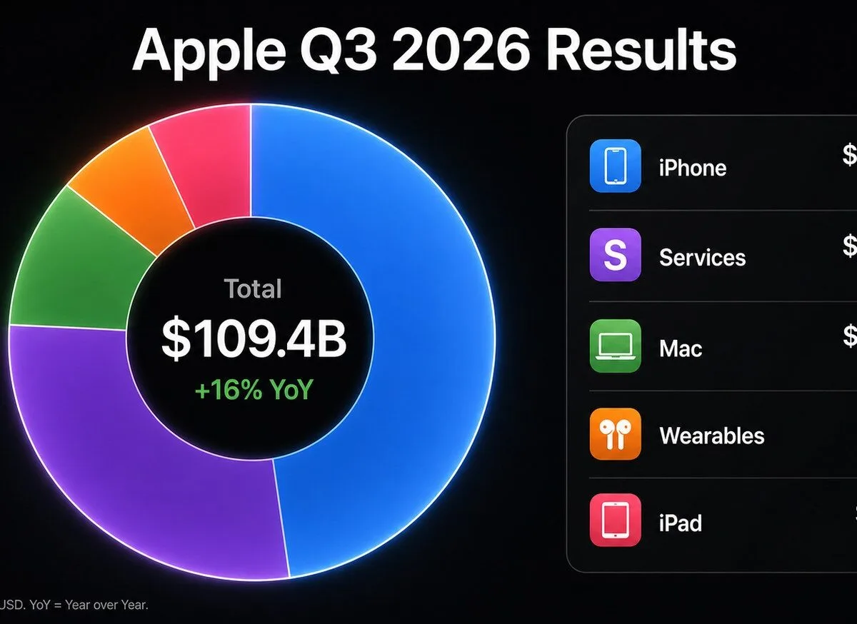 Infografica finanziaria Apple Q3 2026 con ripartizione fatturato per prodotto