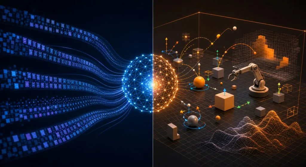 Confronto concettuale tra LLM e world model nell'intelligenza artificiale