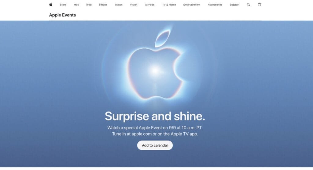 Evento Apple 9 settembre: Surprise and shine, iPhone 18 Pro e il primo pieghevole 2 Pagina ufficiale Apple Events con l'annuncio dell'evento del 9 settembre 2026