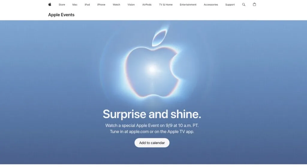 Evento Apple 9 settembre: Surprise and shine, iPhone 18 Pro e il primo pieghevole 2 Pagina ufficiale Apple Events con l'annuncio dell'evento del 9 settembre 2026