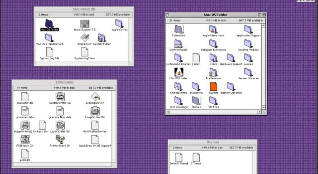 Schermata di una build beta di Copland con Finder e preferenze colorate