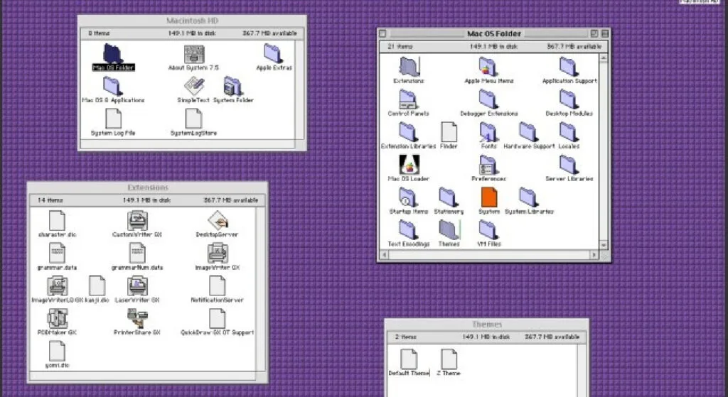 Schermata di una build beta di Copland con Finder e preferenze colorate