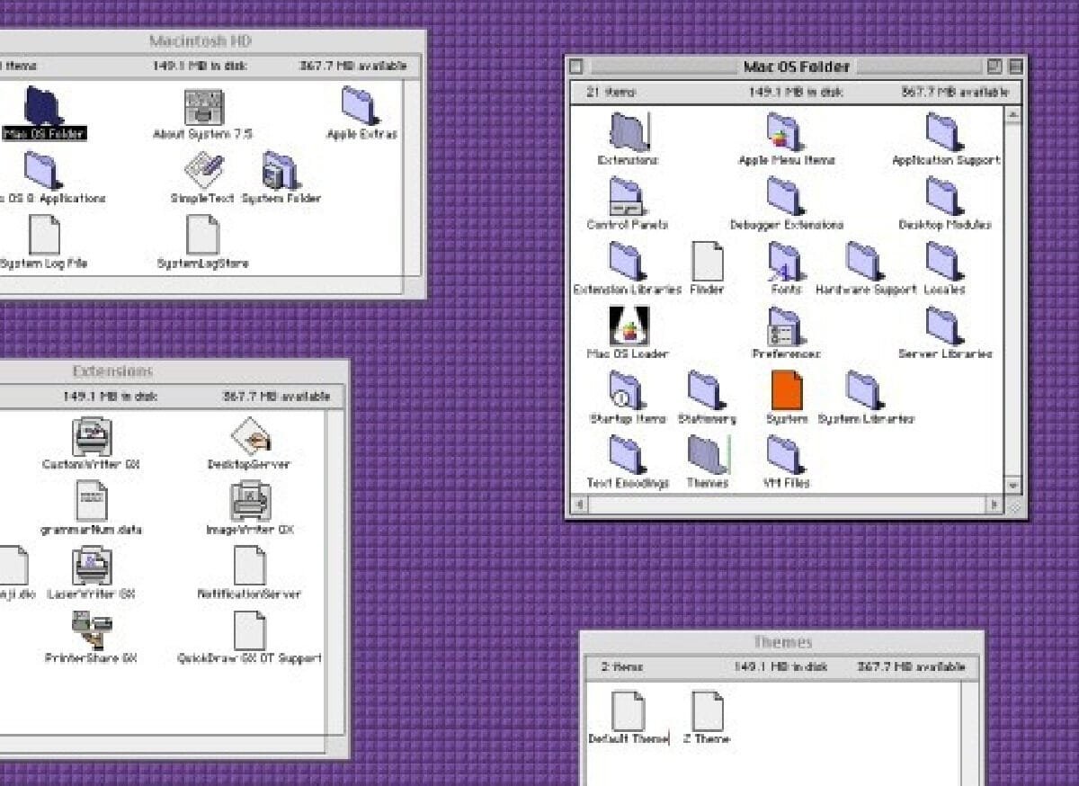 Schermata di una build beta di Copland con Finder e preferenze colorate