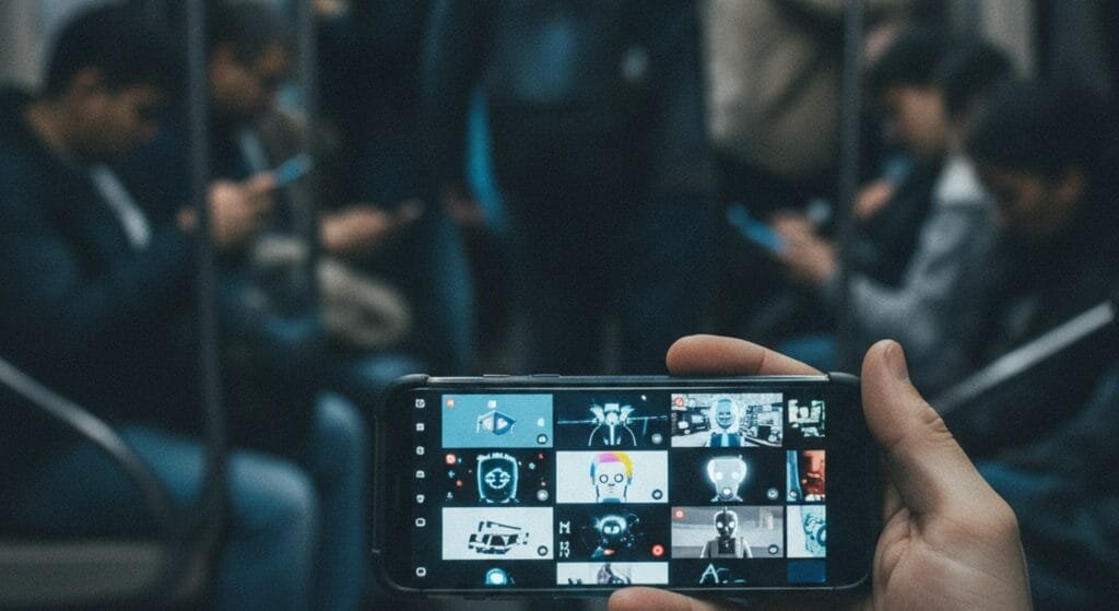 L'AI produce contenuti gratis. I creator sono di troppo 3 Persona in metropolitana che scorre un feed pieno di contenuti generati