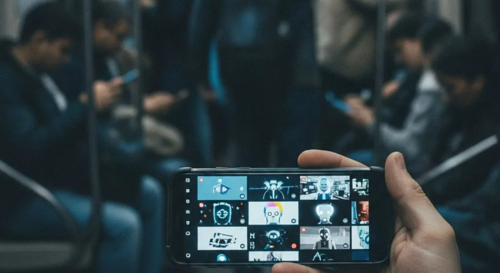 L'AI produce contenuti gratis. I creator sono di troppo 3 Persona in metropolitana che scorre un feed pieno di contenuti generati