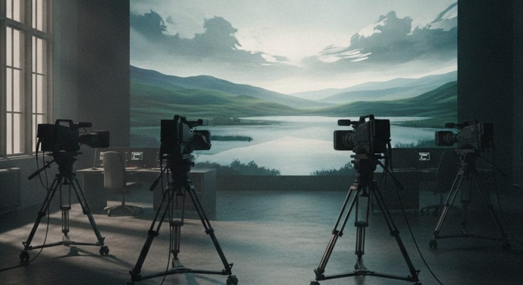 L'AI produce contenuti gratis. I creator sono di troppo 2 Studio televisivo vuoto con uno schermo che mostra un paesaggio generato dall'AI