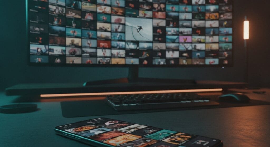 L'AI produce contenuti gratis. I creator sono di troppo 1 Studio di creazione contenuti con schermi pieni di video generati dall'AI