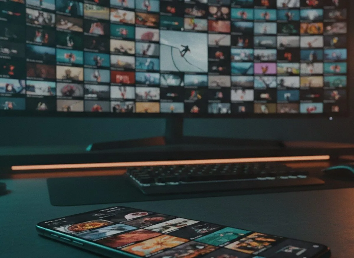 Studio di creazione contenuti con schermi pieni di video generati dall'AI