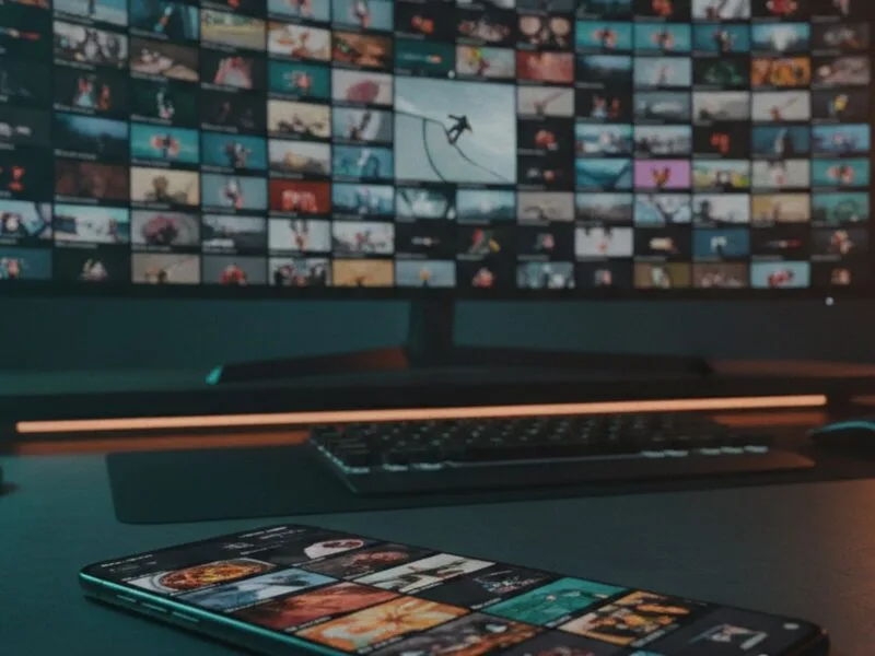 Studio di creazione contenuti con schermi pieni di video generati dall'AI