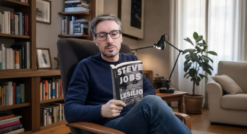 Kiro con in mano il libro Steve Jobs L'esilio di Geoffrey Cain