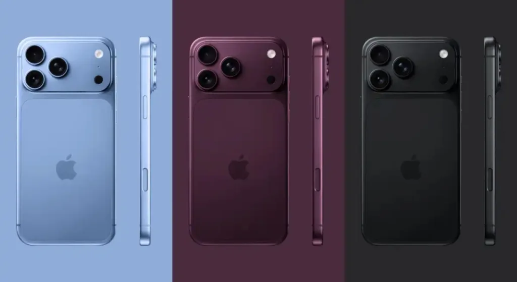 Render dei colori attesi per iPhone 18 Pro: Dark Cherry, Light Blue e Dark Gray