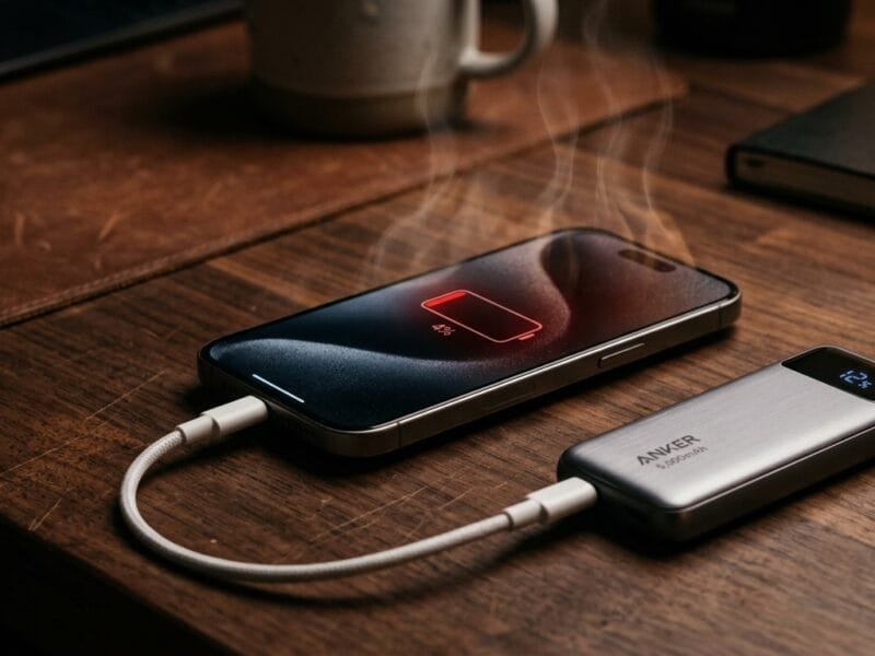 Smartphone surriscaldato che emette fumo mentre viene caricato da un power bank Anker su una scrivania