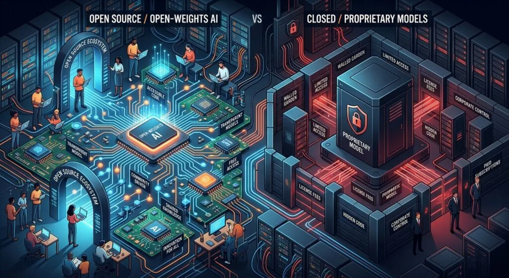 Rallentare l'intelligenza artificiale: prudenza etica o calcolo industriale? 3 Rappresentazione concettuale di modelli AI open weight e proprietari
