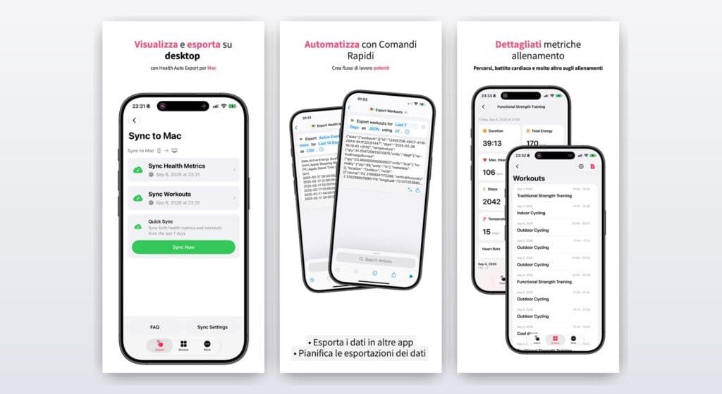 Sincronizzazione su Mac, automazione con Comandi Rapidi e dettaglio di un allenamento