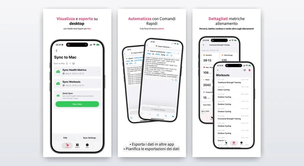 Health Auto Export: i dati di Salute fuori dall'iPhone 2 Sincronizzazione su Mac, automazione con Comandi Rapidi e dettaglio di un allenamento