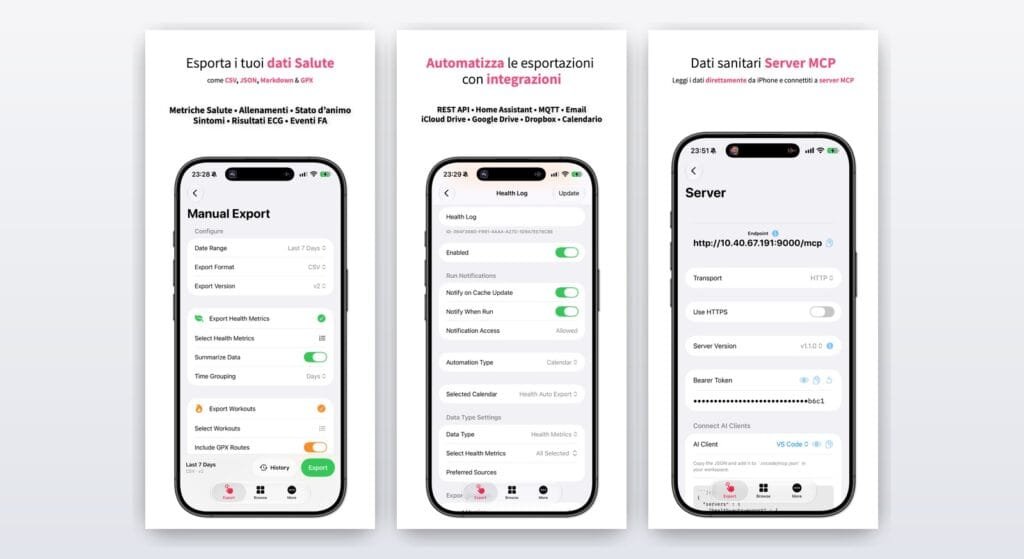 Schermate ufficiali di Health Auto Export: esportazione manuale, automazioni e server MCP