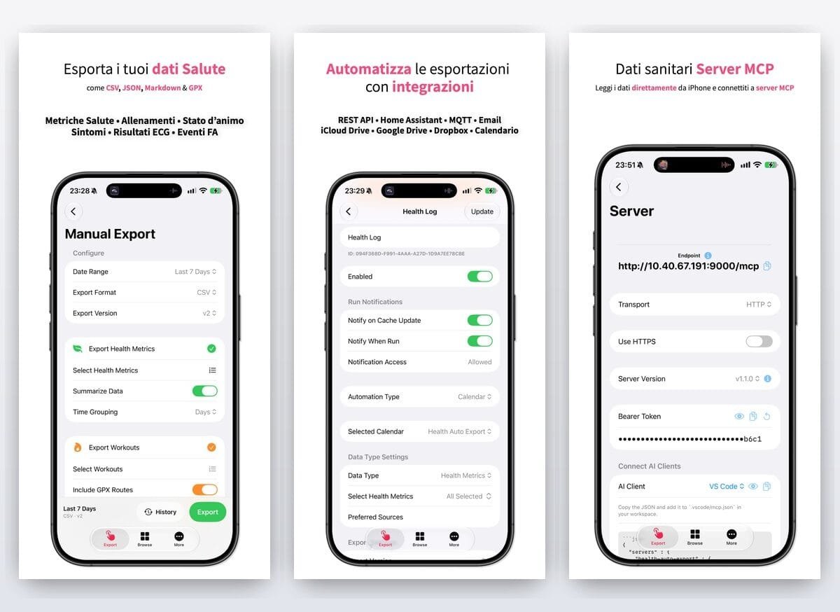 Schermate ufficiali di Health Auto Export: esportazione manuale, automazioni e server MCP