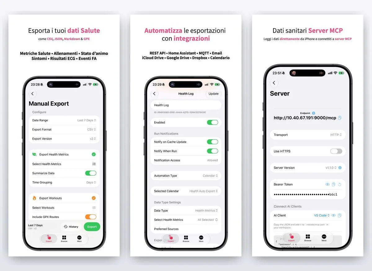 Schermate ufficiali di Health Auto Export: esportazione manuale, automazioni e server MCP