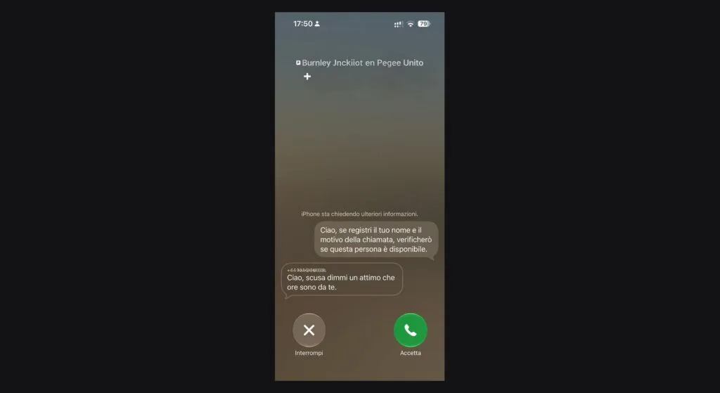 Schermata iPhone mentre chiede il motivo della chiamata a un numero sconosciuto
