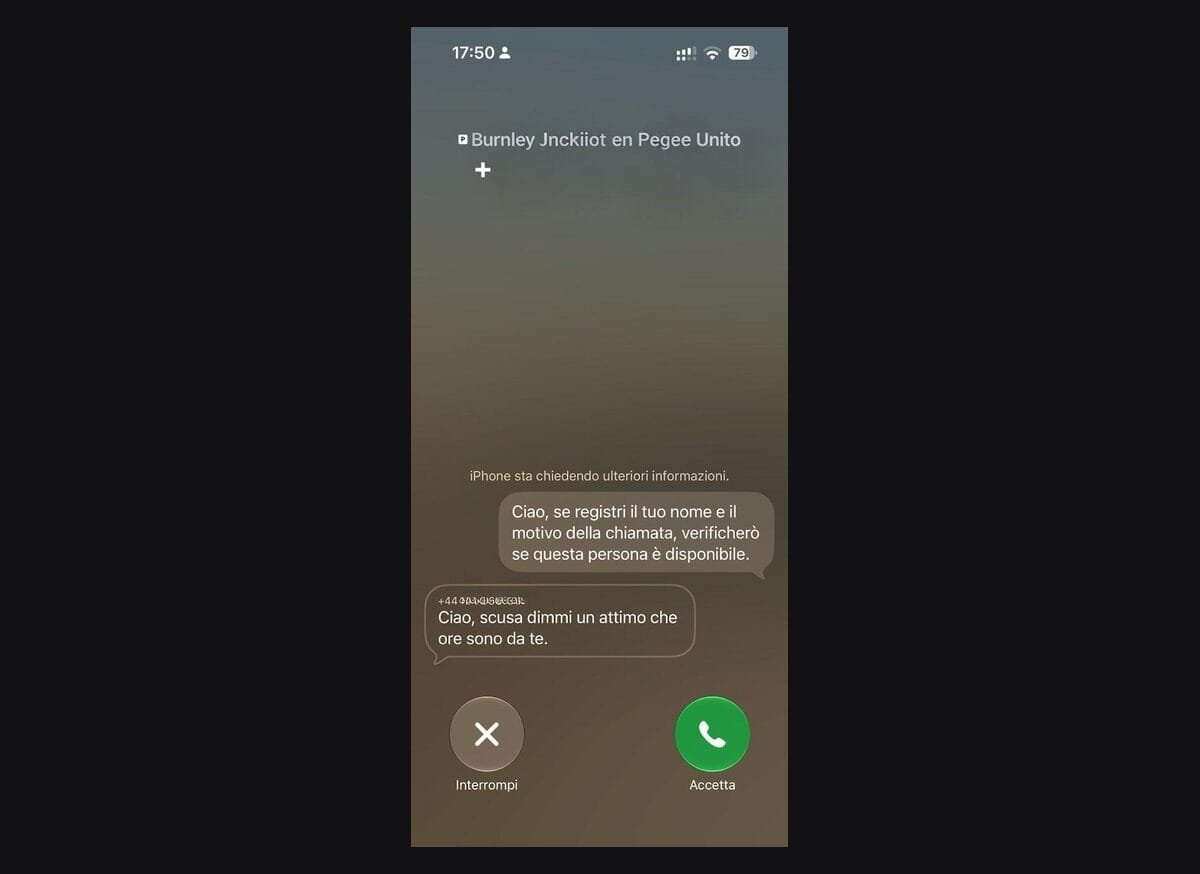 Schermata iPhone mentre chiede il motivo della chiamata a un numero sconosciuto