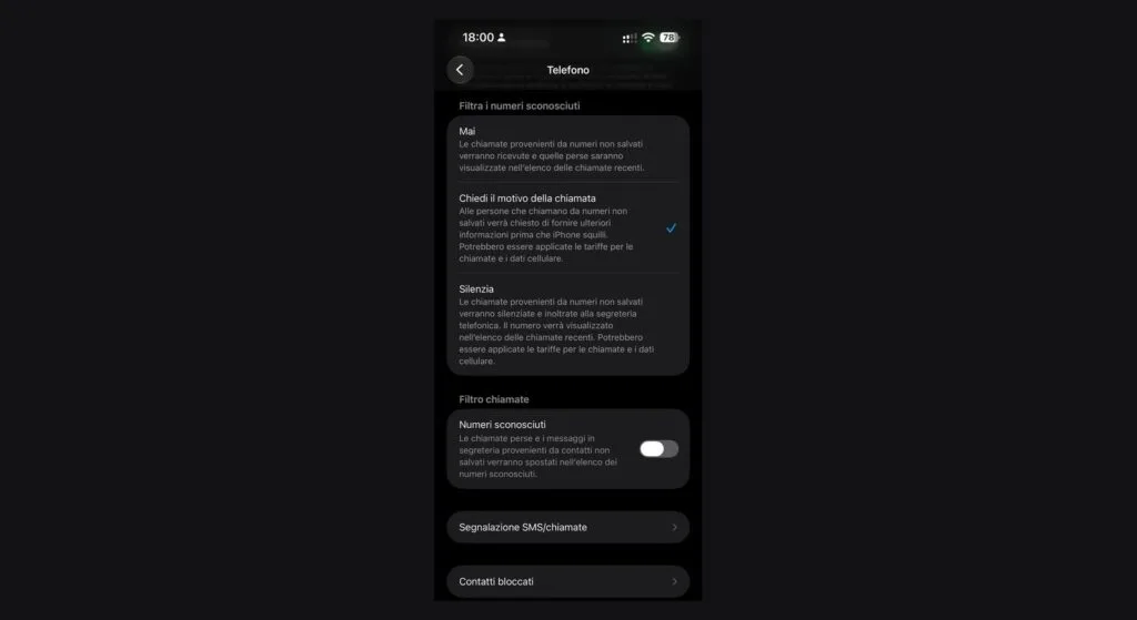 Impostazioni Telefono con l'opzione chiedi il motivo della chiamata attiva