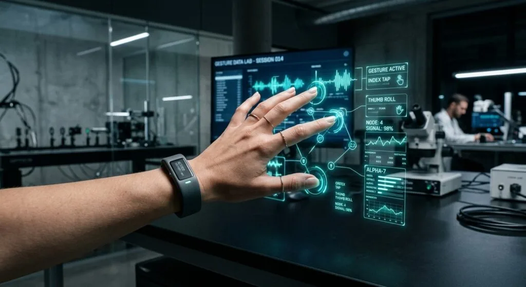 Mano con smartband che rileva micro-gesture muscolari senza contatto fisico