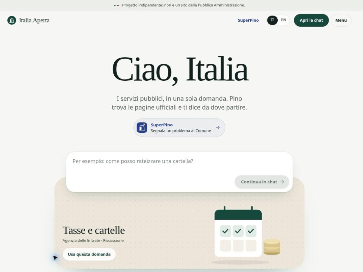 La pagina iniziale di ItaliaAperta, il progetto che aiuta a orientarsi nei servizi pubblici con domande in linguaggio naturale