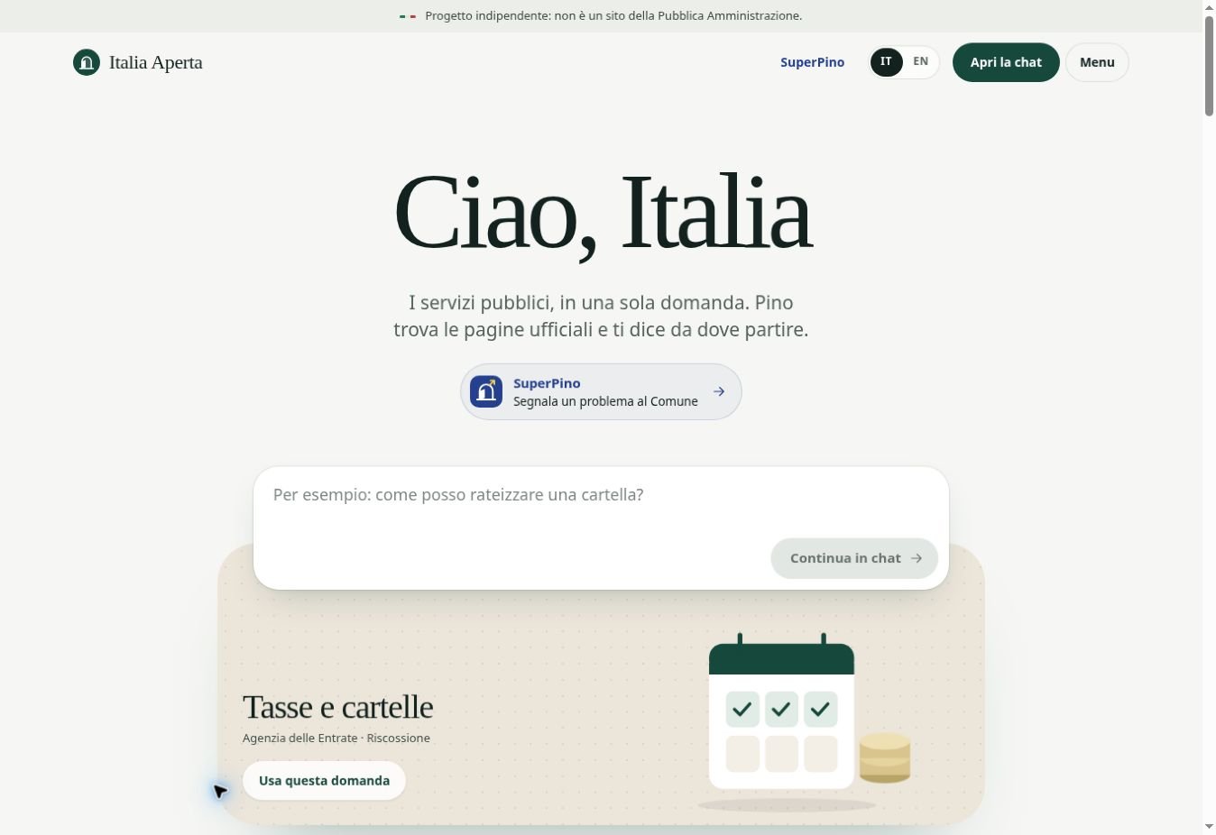 Intervista a Domenico Gagliardi: civic-tech, IA e soldi pubblici 1 La pagina iniziale di ItaliaAperta, il progetto che aiuta a orientarsi nei servizi pubblici con domande in linguaggio naturale