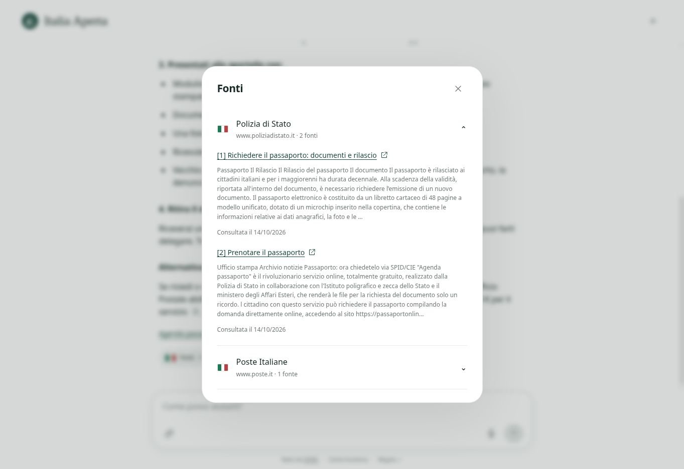 Intervista a Domenico Gagliardi: civic-tech, IA e soldi pubblici 2 Il pannello delle fonti di Pino mostra le pagine ufficiali consultate per una domanda sul passaporto