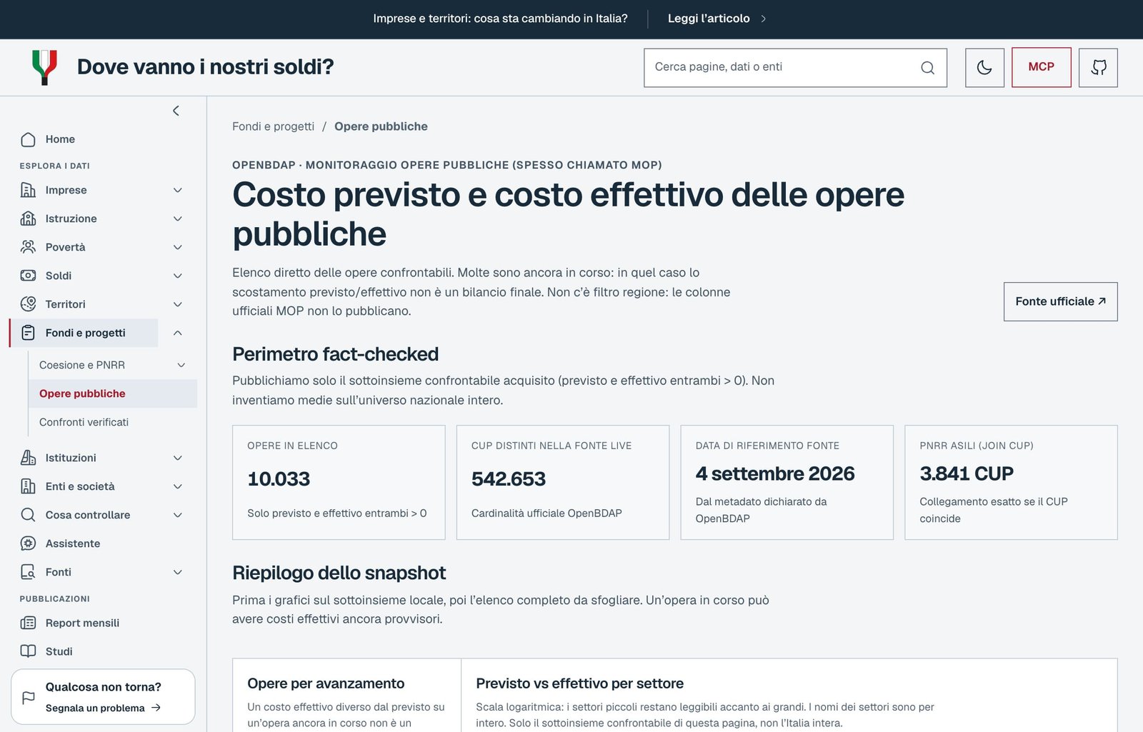 Intervista a Domenico Gagliardi: civic-tech, IA e soldi pubblici 5 La sezione opere pubbliche confronta costi previsti ed effettivi