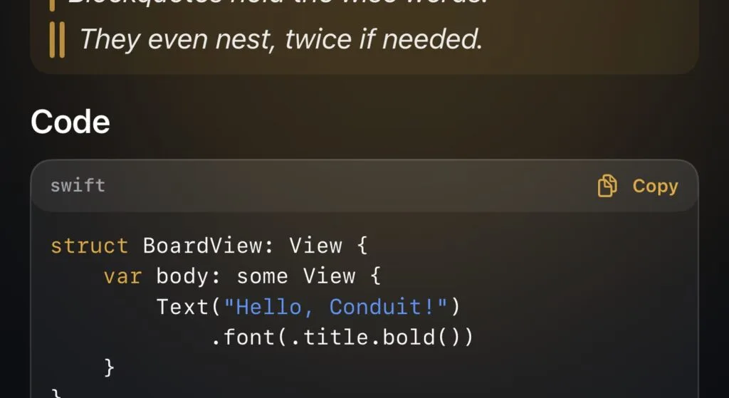 Interfaccia di Conduit in dark mode con un blocco di codice Swift
