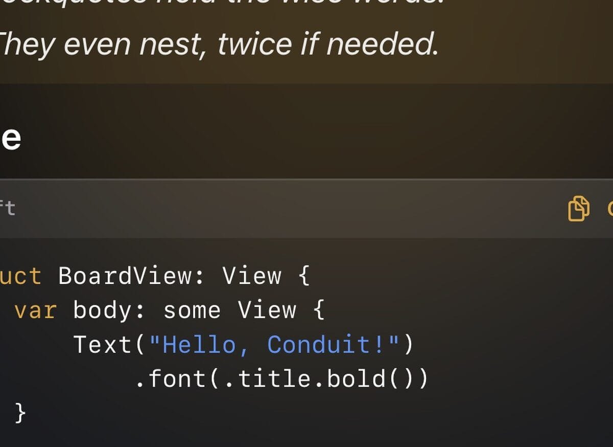 Interfaccia di Conduit in dark mode con un blocco di codice Swift