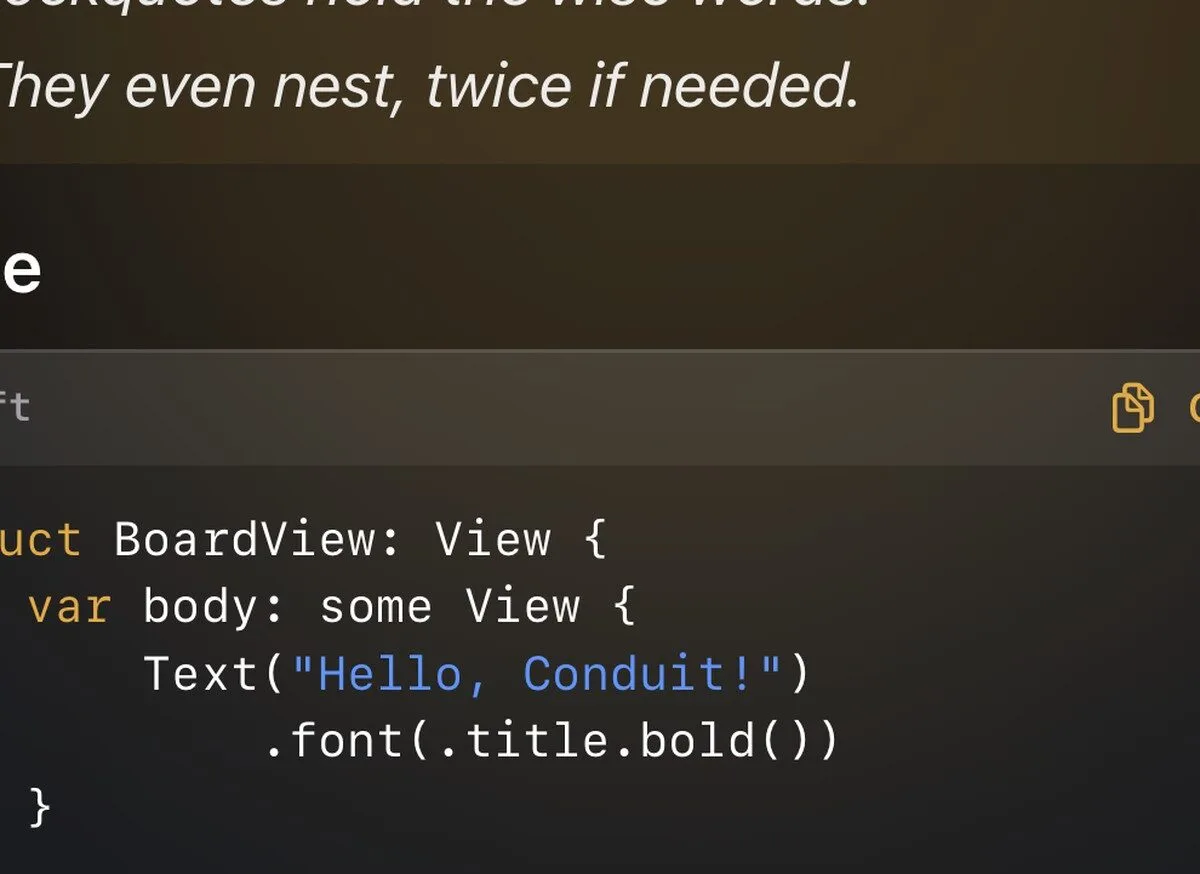 Interfaccia di Conduit in dark mode con un blocco di codice Swift
