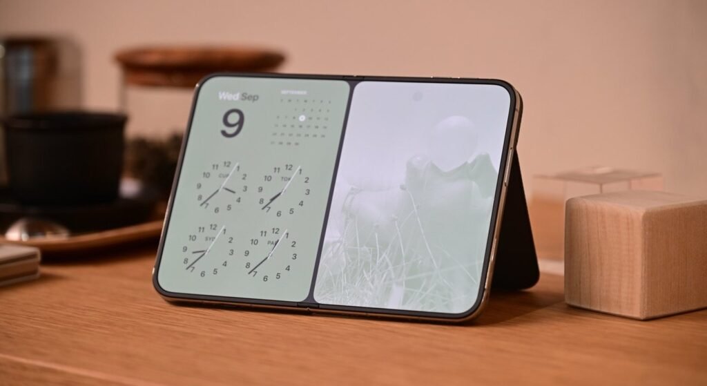iPhone Duo aperto su un tavolo con il calendario a schermo