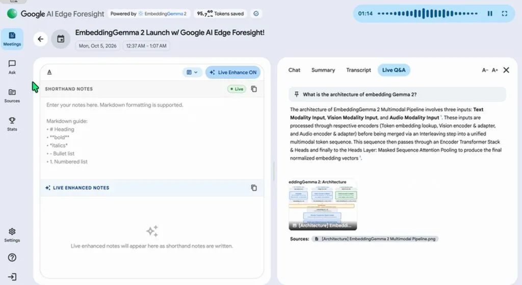 Foresight, l'app di Google che prende appunti sul Mac senza cloud 2 La funzione Live Q&A di Foresight risponde con citazioni dalle fonti locali