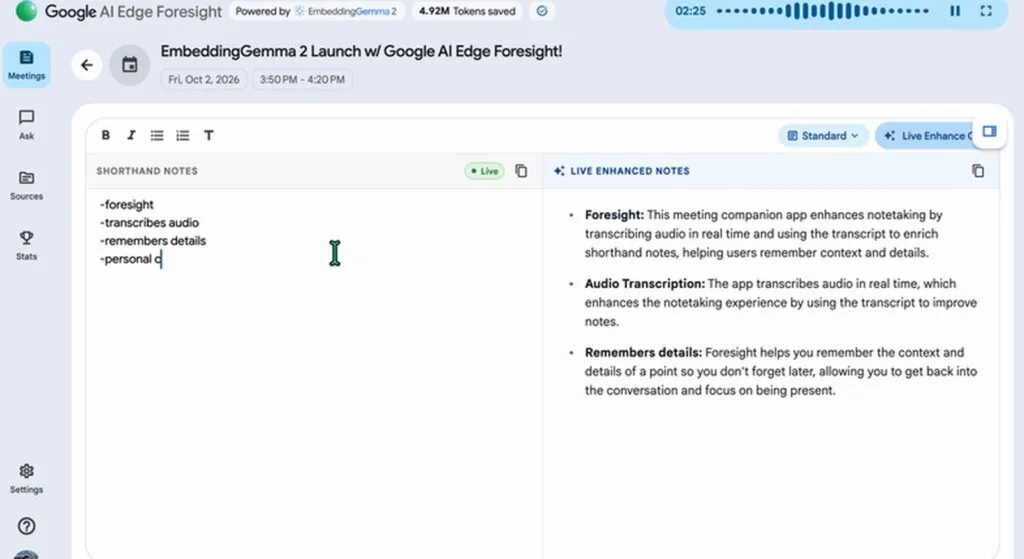 Foresight, l'app di Google che prende appunti sul Mac senza cloud 1 L'interfaccia di Google AI Edge Foresight: appunti stenografici a sinistra, note ampliate dall'AI a destra