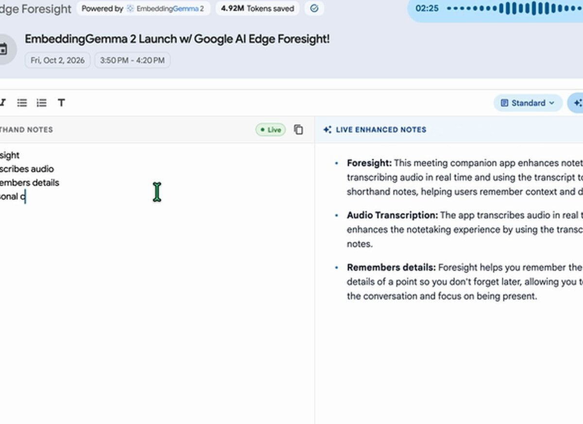 L'interfaccia di Google AI Edge Foresight: appunti stenografici a sinistra, note ampliate dall'AI a destra